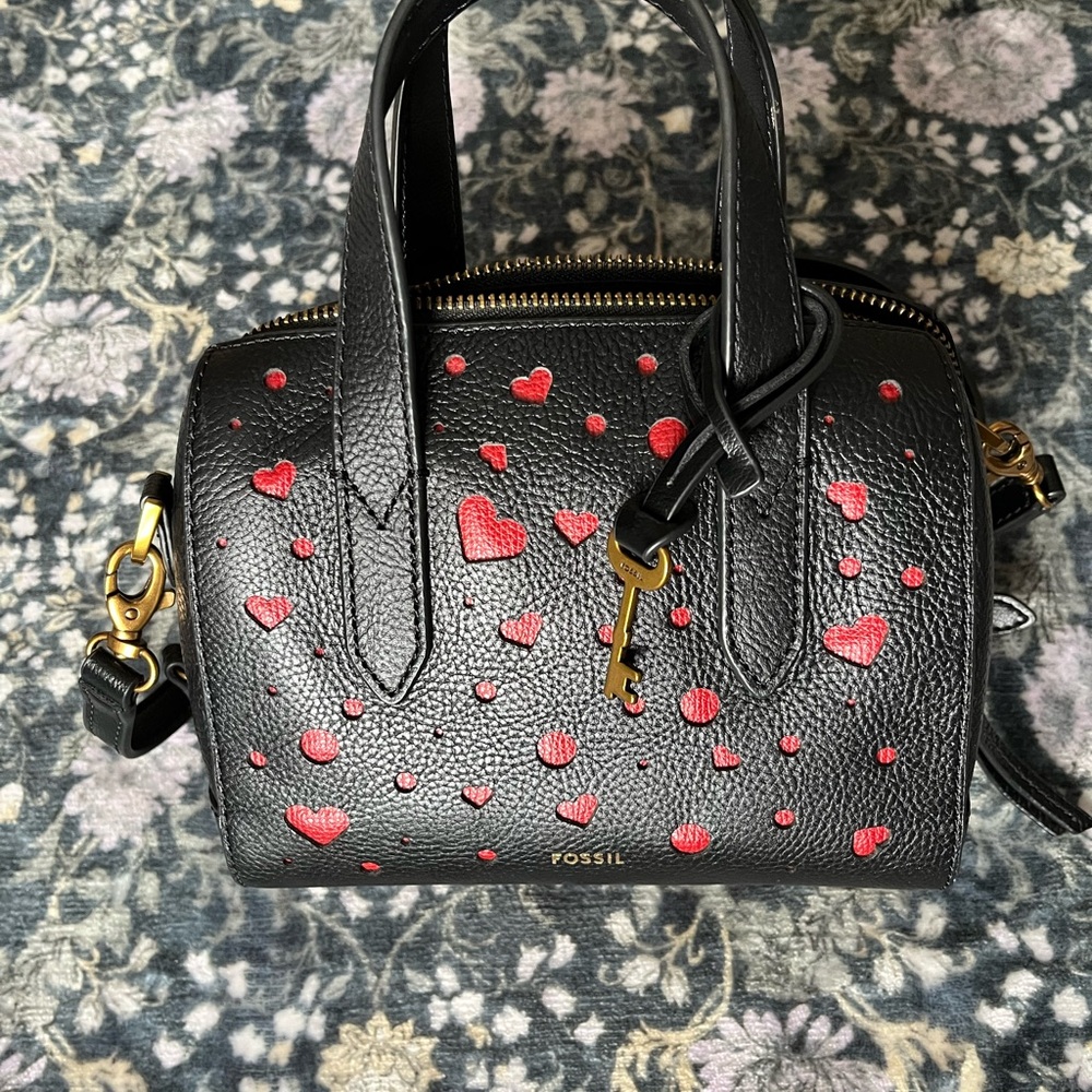 Fossil Black Mini Sydney satchel with Red Heart Accents - like new